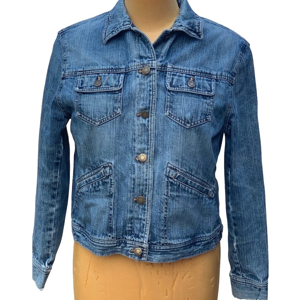 Jones New York Sport Blue Denim  Distressed Jean Jacket Petite Large PL VGUC